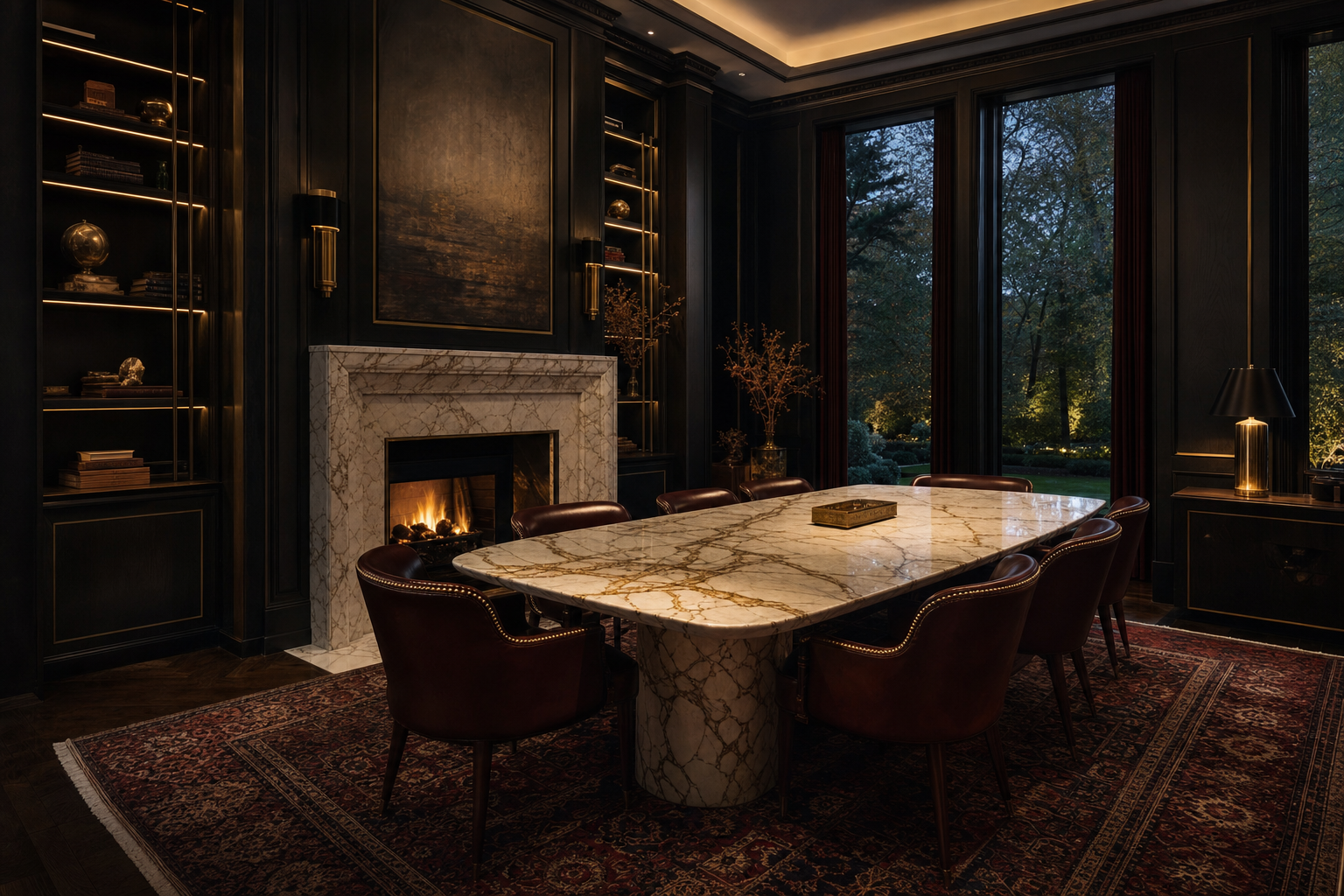 Private family office interior — dark walnut, marble, brass detailing