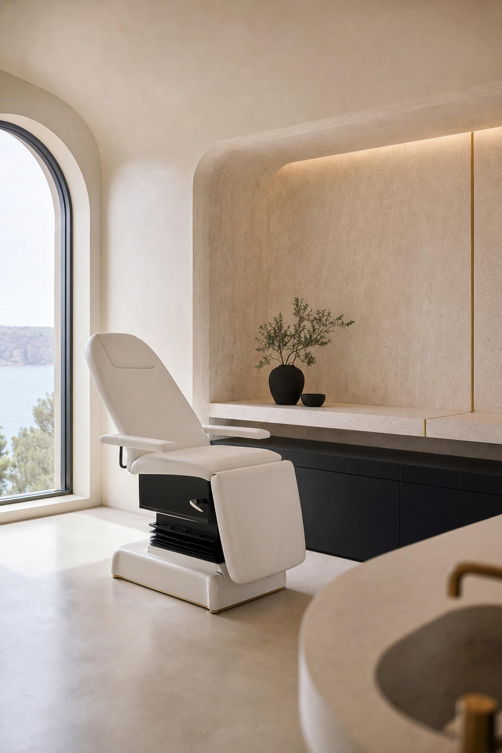 Concierge cardiology clinic — travertine, arched window, warm minimalist interior